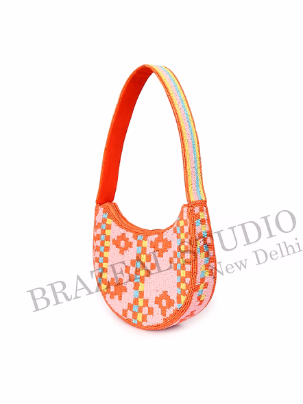Brazeal Studio, Bag, Orange &amp; Pink With Multicolor Bead Accents, High-quality Glass Seed Beads With Fabric Backing-10