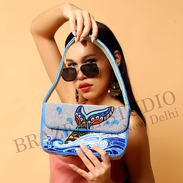 brazeal studio, bag, ocean waves with abstract bird motif, grey & blue with multicolor bead detailing, premium glass seed beads with reinforced fabric base