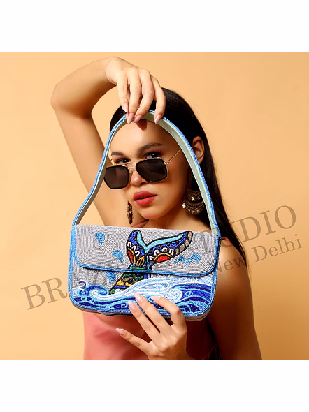 Brazeal Studio, Bag, Ocean Waves With Abstract Bird Motif, Grey & Blue With Multicolor Bead Detailing, Premium Glass Seed Beads With Reinforced Fabric Base