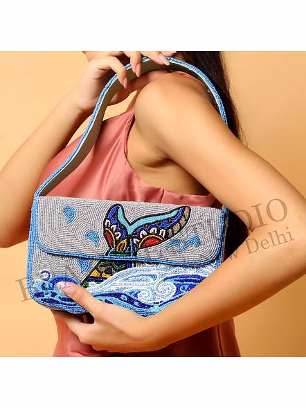 Brazeal Studio, Bag, Ocean Waves With Abstract Bird Motif, Grey &amp; Blue With Multicolor Bead Detailing, Premium Glass Seed Beads With Reinforced Fabric Base