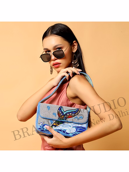 Brazeal Studio, Bag, Ocean Waves With Abstract Bird Motif, Grey &amp; Blue With Multicolor Bead Detailing, Premium Glass Seed Beads With Reinforced Fabric Base-2