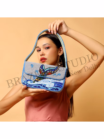Brazeal Studio, Bag, Ocean Waves With Abstract Bird Motif, Grey &amp; Blue With Multicolor Bead Detailing, Premium Glass Seed Beads With Reinforced Fabric Base-4