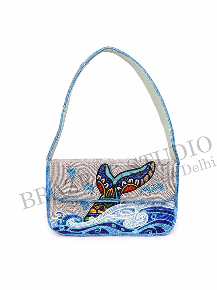 Brazeal Studio, Bag, Ocean Waves With Abstract Bird Motif, Grey &amp; Blue With Multicolor Bead Detailing, Premium Glass Seed Beads With Reinforced Fabric Base-5