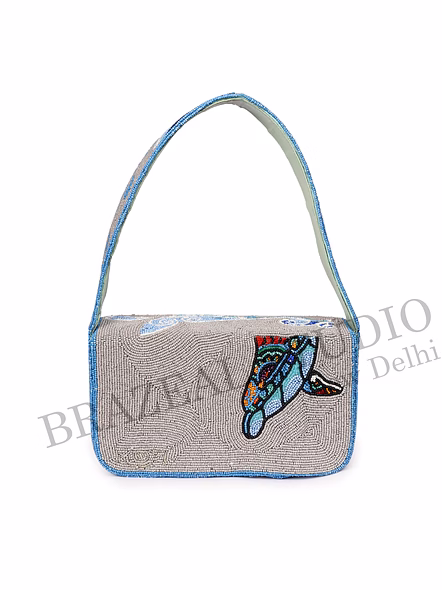 Brazeal Studio, Bag, Ocean Waves With Abstract Bird Motif, Grey &amp; Blue With Multicolor Bead Detailing, Premium Glass Seed Beads With Reinforced Fabric Base-8