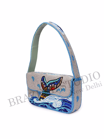 Brazeal Studio, Bag, Ocean Waves With Abstract Bird Motif, Grey &amp; Blue With Multicolor Bead Detailing, Premium Glass Seed Beads With Reinforced Fabric Base-9