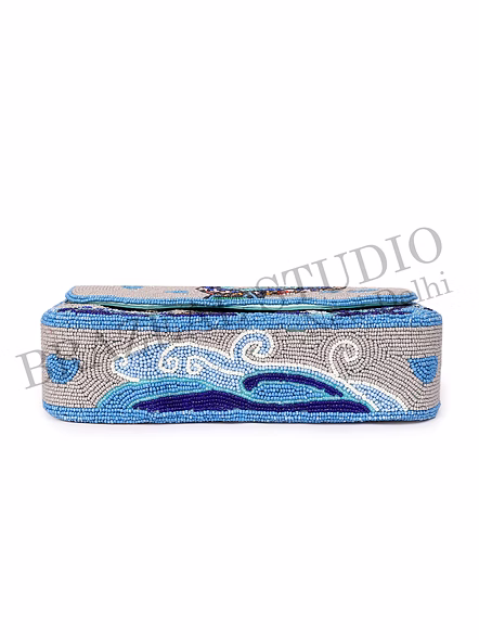 Brazeal Studio, Bag, Ocean Waves With Abstract Bird Motif, Grey &amp; Blue With Multicolor Bead Detailing, Premium Glass Seed Beads With Reinforced Fabric Base-10