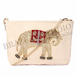 brazeal studio, bag, cream / off-white with gold and red accents, premium canvas fabric with bead, sequin & thread embroidery