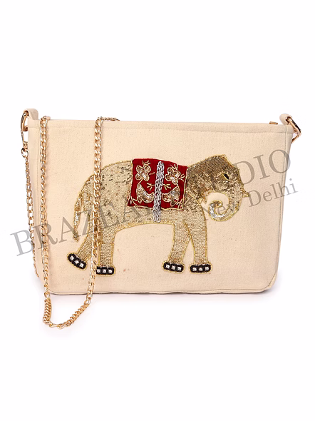 Brazeal Studio, Bag, Cream / Off-white With Gold And Red Accents, Premium Canvas Fabric With Bead, Sequin &amp; Thread Embroidery