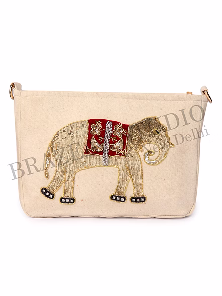Brazeal Studio, Bag, Cream / Off-white With Gold And Red Accents, Premium Canvas Fabric With Bead, Sequin &amp; Thread Embroidery-2