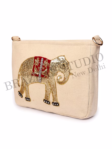 Brazeal Studio, Bag, Cream / Off-white With Gold And Red Accents, Premium Canvas Fabric With Bead, Sequin &amp; Thread Embroidery-6