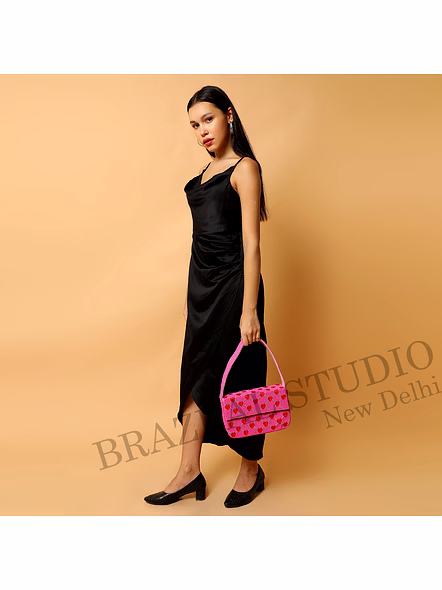 Brazeal Studio, Bag, Pink With Red Heart Pattern, High-quality Fabric Base With Glass Seed Bead Embroidery