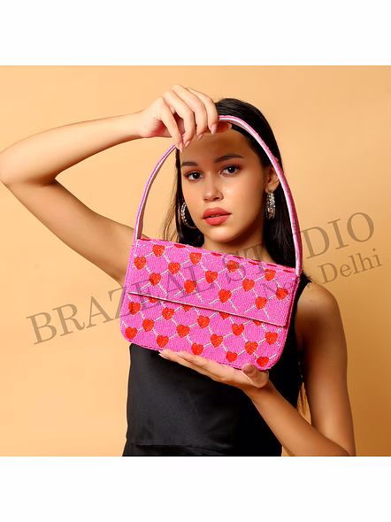 Brazeal Studio, Bag, Pink With Red Heart Pattern, High-quality Fabric Base With Glass Seed Bead Embroidery-5