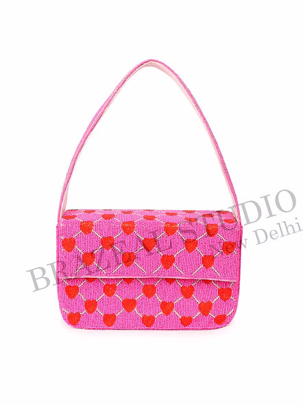 Brazeal Studio, Bag, Pink With Red Heart Pattern, High-quality Fabric Base With Glass Seed Bead Embroidery-6