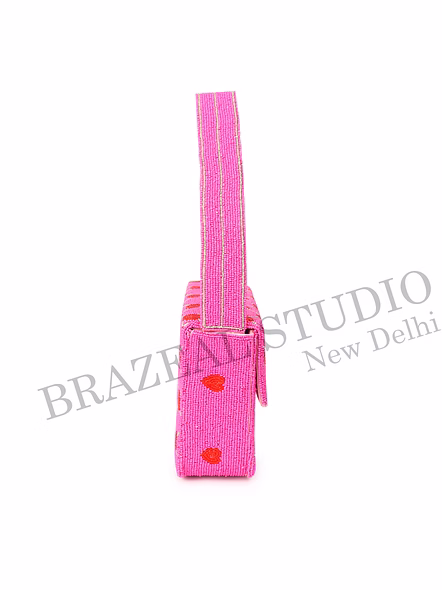 Brazeal Studio, Bag, Pink With Red Heart Pattern, High-quality Fabric Base With Glass Seed Bead Embroidery-7