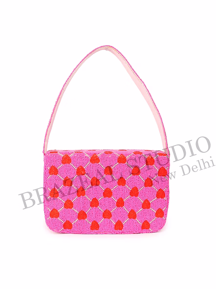 Brazeal Studio, Bag, Pink With Red Heart Pattern, High-quality Fabric Base With Glass Seed Bead Embroidery-8