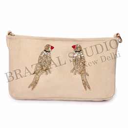 brazeal studio, bag, beige with gold sequin bird embroidery, premium canvas fabric with sequin embellishment