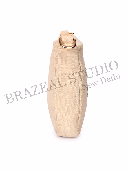 Brazeal Studio, Bag, Beige With Gold Sequin Bird Embroidery, Premium Canvas Fabric With Sequin Embellishment
