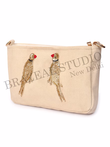Brazeal Studio, Bag, Beige With Gold Sequin Bird Embroidery, Premium Canvas Fabric With Sequin Embellishment-3