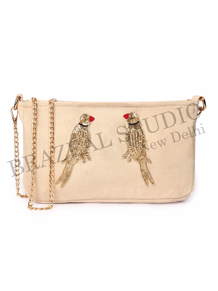 Brazeal Studio, Bag, Beige With Gold Sequin Bird Embroidery, Premium Canvas Fabric With Sequin Embellishment-6
