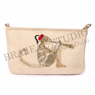 brazeal studio, bag, beige with gold sequin monkey embroidery, premium canvas fabric with sequin embellishment