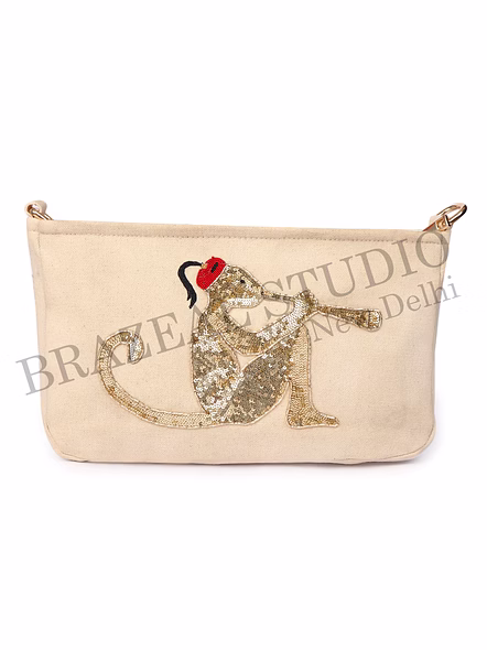 Brazeal Studio, Bag, Beige With Gold Sequin Monkey Embroidery, Premium Canvas Fabric With Sequin Embellishment