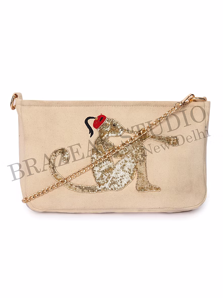 Brazeal Studio, Bag, Beige With Gold Sequin Monkey Embroidery, Premium Canvas Fabric With Sequin Embellishment-4
