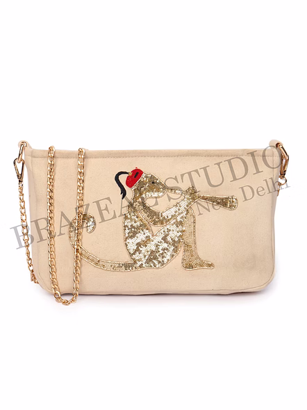 Brazeal Studio, Bag, Beige With Gold Sequin Monkey Embroidery, Premium Canvas Fabric With Sequin Embellishment-5