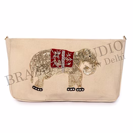 brazeal studio, bag, beige with gold sequin elephant embroidery and red accent, premium canvas fabric with sequin embellishment