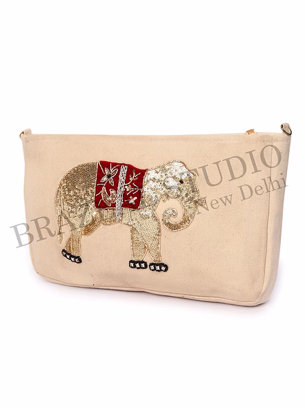 Brazeal Studio, Bag, Beige With Gold Sequin Elephant Embroidery And Red Accent, Premium Canvas Fabric With Sequin Embellishment