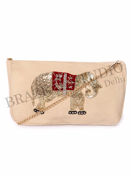Brazeal Studio, Bag, Beige With Gold Sequin Elephant Embroidery And Red Accent, Premium Canvas Fabric With Sequin Embellishment-5