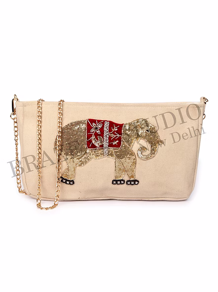 Brazeal Studio, Bag, Beige With Gold Sequin Elephant Embroidery And Red Accent, Premium Canvas Fabric With Sequin Embellishment-6