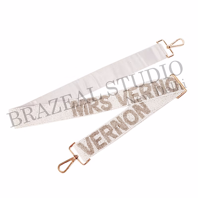 brazeal studio, bag strap, white with metallic bead embroidery, fabric base with hand-beaded detailing