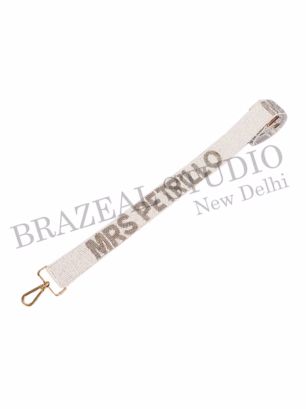 Brazeal Studio, Bag Strap, White With Metallic Bead Embroidery, Fabric Base With Dense Beadwork-Ba1070