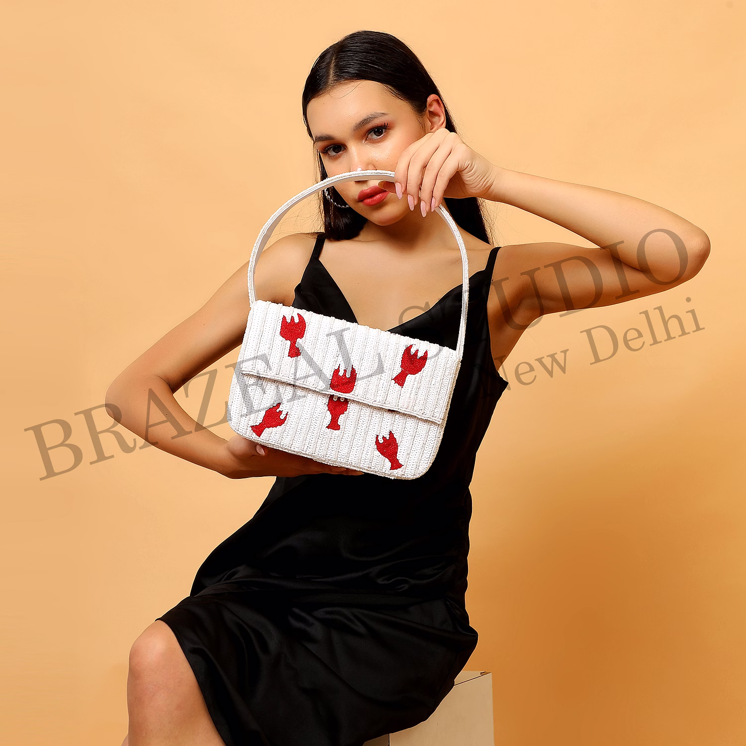 Brazeal Studio, Bag, Hand-beaded Lobster Motif, White Base With Red Lobster Embroidery, Shoulder Bag With Flap Closure, Fabric Base With Sequin And Bead Embellishment, Front Flap image 2
