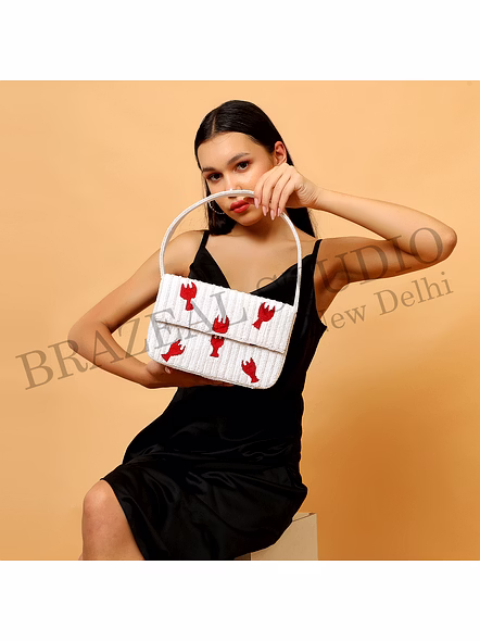 Brazeal Studio, Bag, Hand-beaded Lobster Motif, White Base With Red Lobster Embroidery, Shoulder Bag With Flap Closure, Fabric Base With Sequin And Bead Embellishment, Front Flap