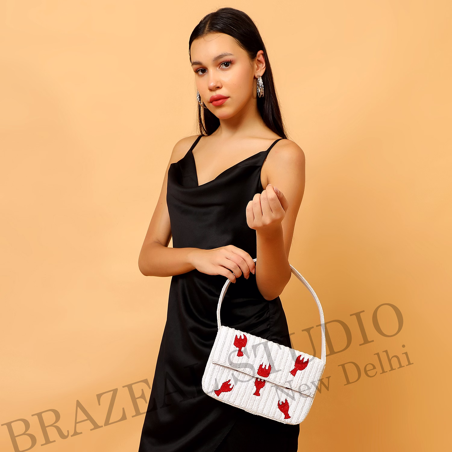 Brazeal Studio, Bag, Hand-beaded Lobster Motif, White Base With Red Lobster Embroidery, Shoulder Bag With Flap Closure, Fabric Base With Sequin And Bead Embellishment, Front Flap image 3