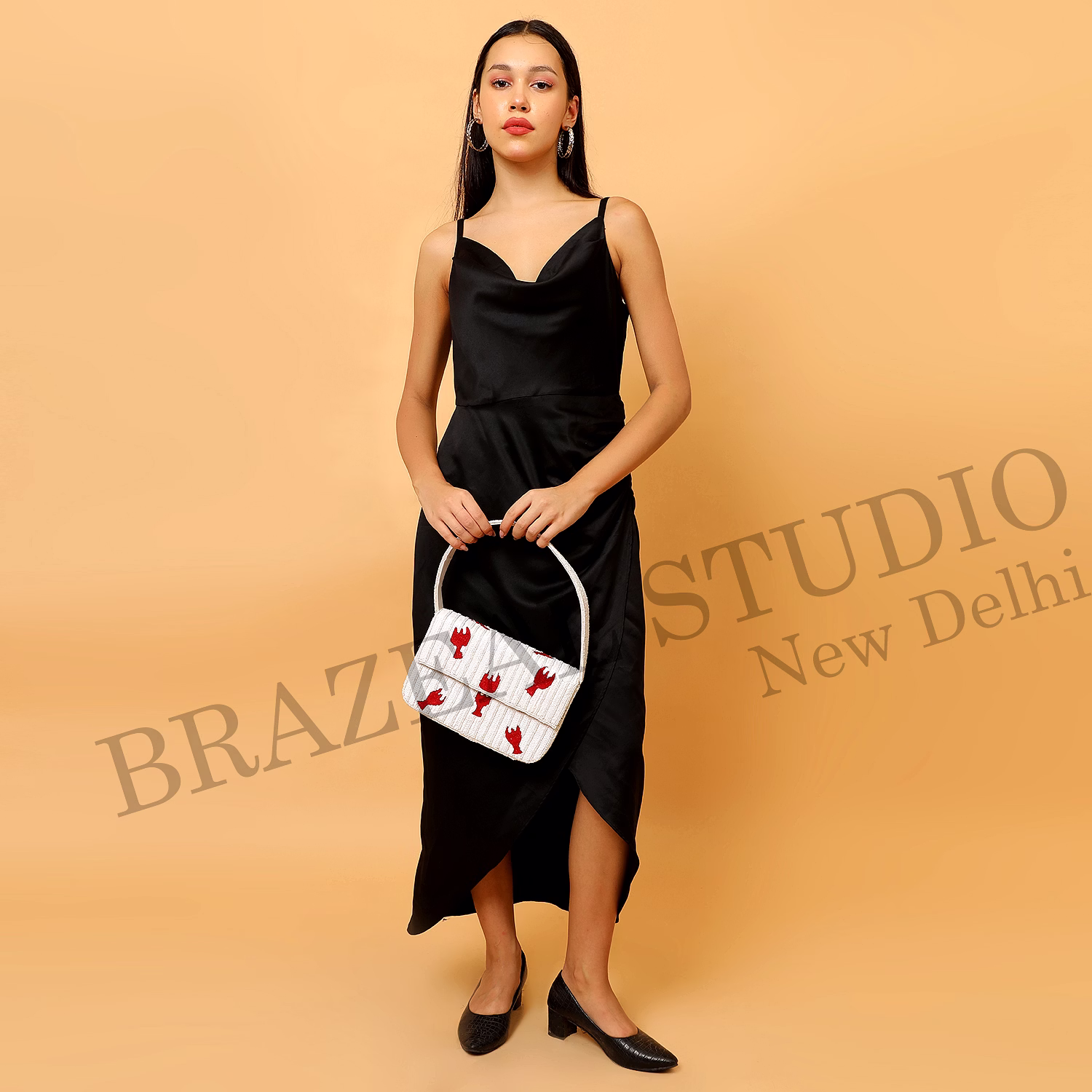 Brazeal Studio, Bag, Hand-beaded Lobster Motif, White Base With Red Lobster Embroidery, Shoulder Bag With Flap Closure, Fabric Base With Sequin And Bead Embellishment, Front Flap image 4