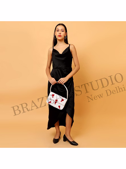 Brazeal Studio, Bag, Hand-beaded Lobster Motif, White Base With Red Lobster Embroidery, Shoulder Bag With Flap Closure, Fabric Base With Sequin And Bead Embellishment, Front Flap-3