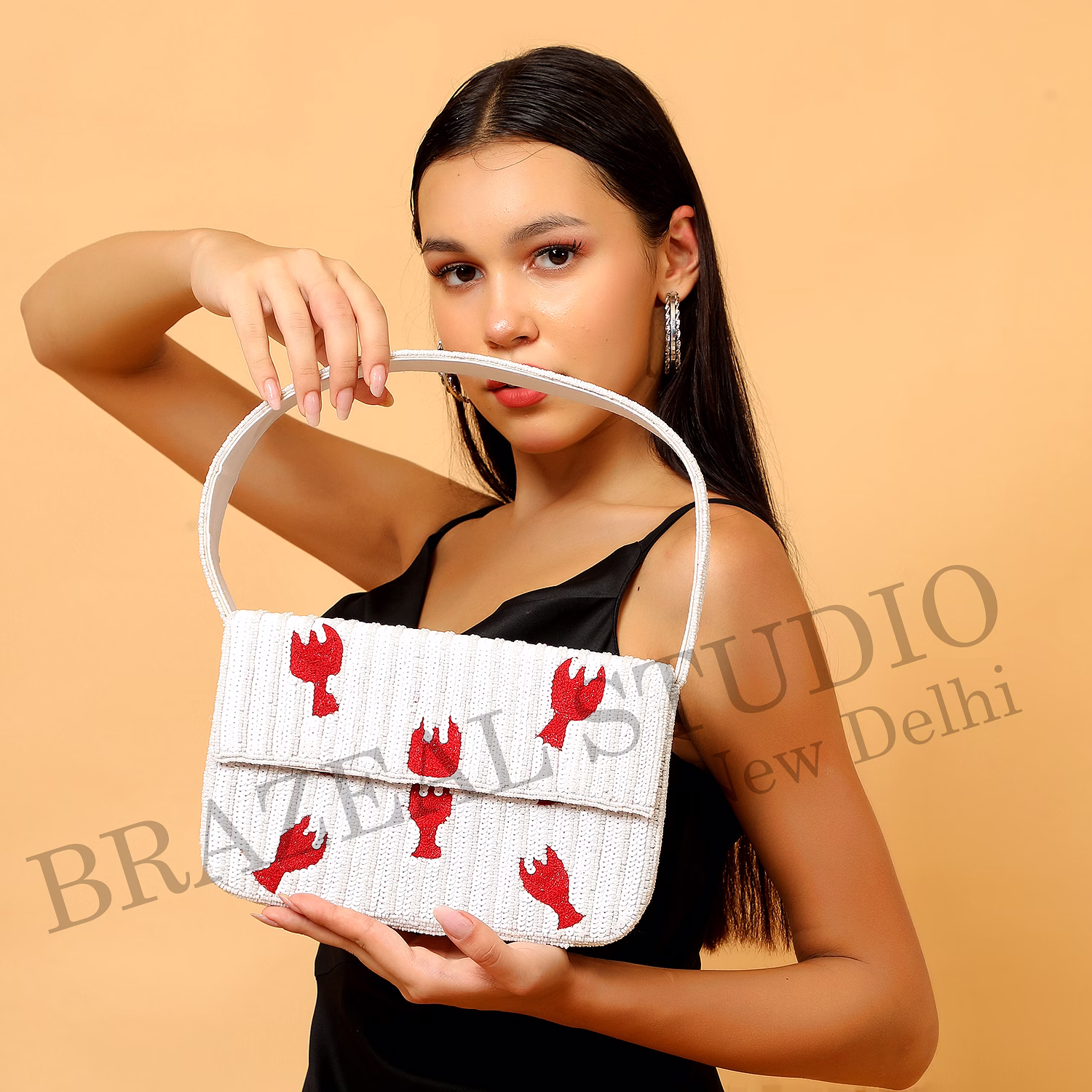 Brazeal Studio, Bag, Hand-beaded Lobster Motif, White Base With Red Lobster Embroidery, Shoulder Bag With Flap Closure, Fabric Base With Sequin And Bead Embellishment, Front Flap image 5