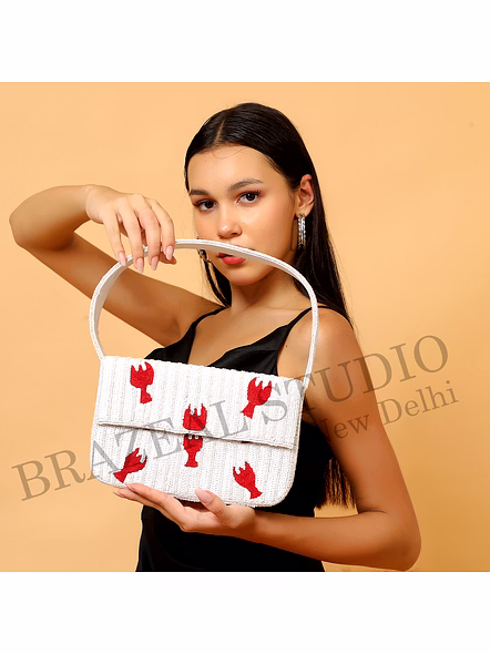 Brazeal Studio, Bag, Hand-beaded Lobster Motif, White Base With Red Lobster Embroidery, Shoulder Bag With Flap Closure, Fabric Base With Sequin And Bead Embellishment, Front Flap-4