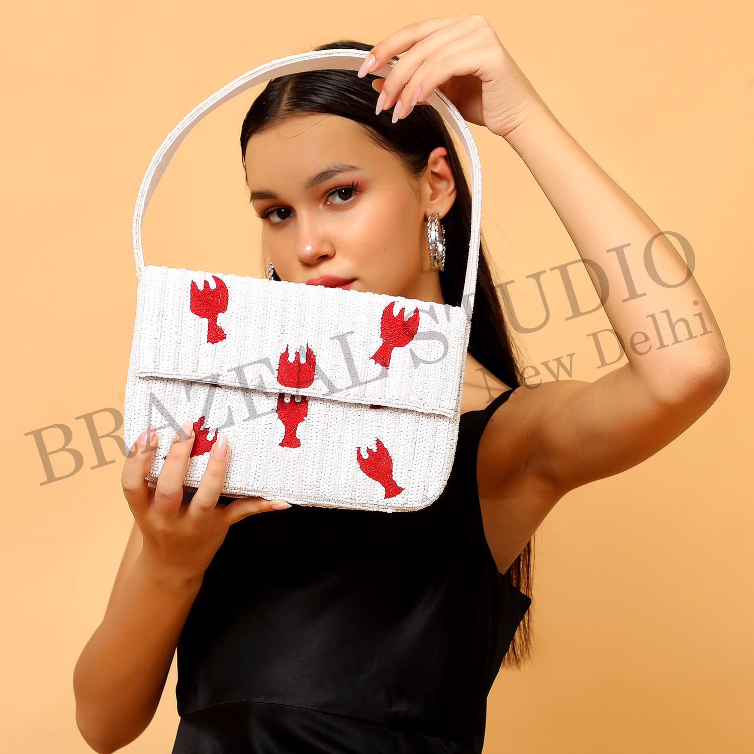 Brazeal Studio, Bag, Hand-beaded Lobster Motif, White Base With Red Lobster Embroidery, Shoulder Bag With Flap Closure, Fabric Base With Sequin And Bead Embellishment, Front Flap image 6