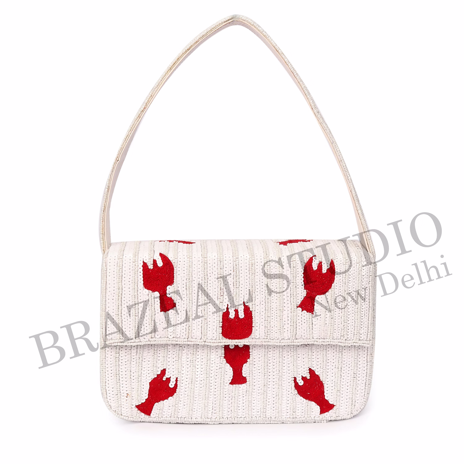 Brazeal Studio, Bag, Hand-beaded Lobster Motif, White Base With Red Lobster Embroidery, Shoulder Bag With Flap Closure, Fabric Base With Sequin And Bead Embellishment, Front Flap image 7