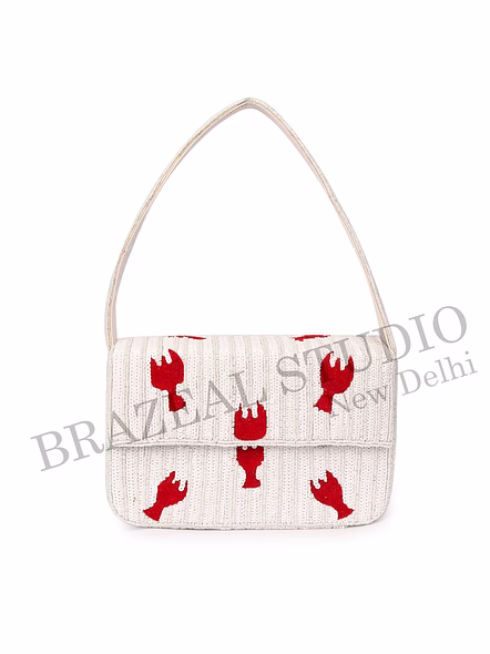 Brazeal Studio, Bag, Hand-beaded Lobster Motif, White Base With Red Lobster Embroidery, Shoulder Bag With Flap Closure, Fabric Base With Sequin And Bead Embellishment, Front Flap-6