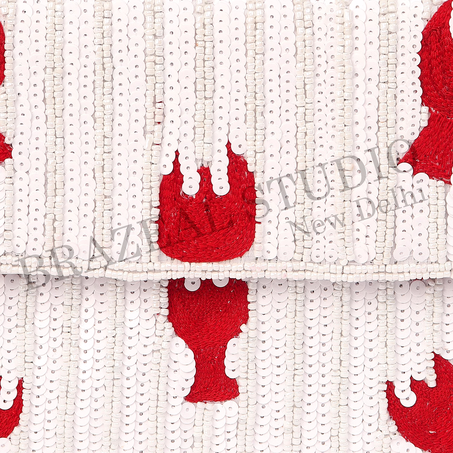 Brazeal Studio, Bag, Hand-beaded Lobster Motif, White Base With Red Lobster Embroidery, Shoulder Bag With Flap Closure, Fabric Base With Sequin And Bead Embellishment, Front Flap image 8