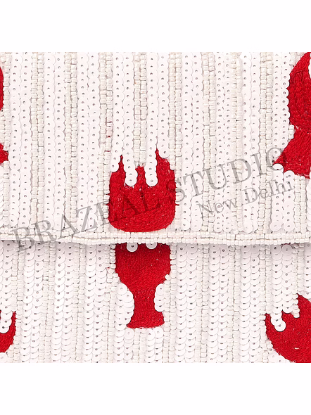 Brazeal Studio, Bag, Hand-beaded Lobster Motif, White Base With Red Lobster Embroidery, Shoulder Bag With Flap Closure, Fabric Base With Sequin And Bead Embellishment, Front Flap-7
