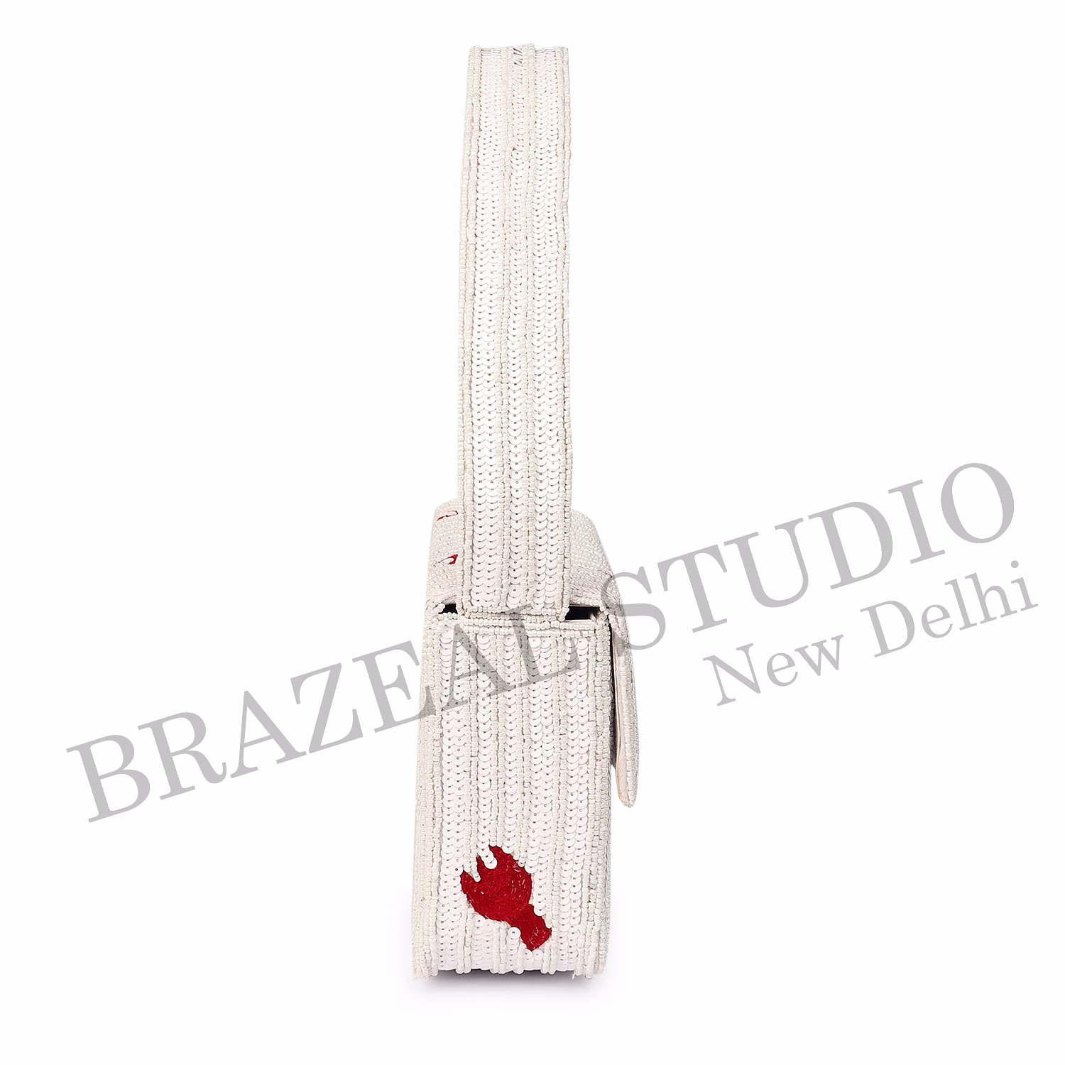 Brazeal Studio, Bag, Hand-beaded Lobster Motif, White Base With Red Lobster Embroidery, Shoulder Bag With Flap Closure, Fabric Base With Sequin And Bead Embellishment, Front Flap image 9
