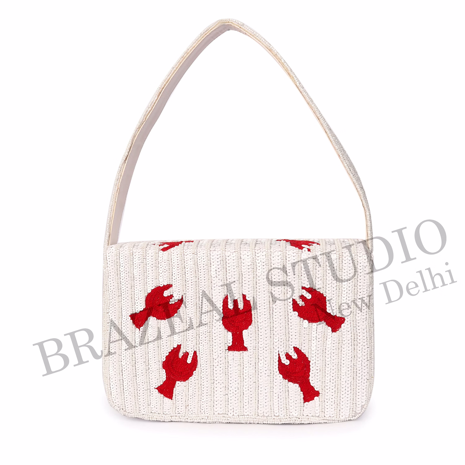 Brazeal Studio, Bag, Hand-beaded Lobster Motif, White Base With Red Lobster Embroidery, Shoulder Bag With Flap Closure, Fabric Base With Sequin And Bead Embellishment, Front Flap image 10