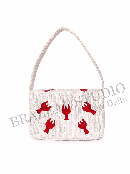 Brazeal Studio, Bag, Hand-beaded Lobster Motif, White Base With Red Lobster Embroidery, Shoulder Bag With Flap Closure, Fabric Base With Sequin And Bead Embellishment, Front Flap-9