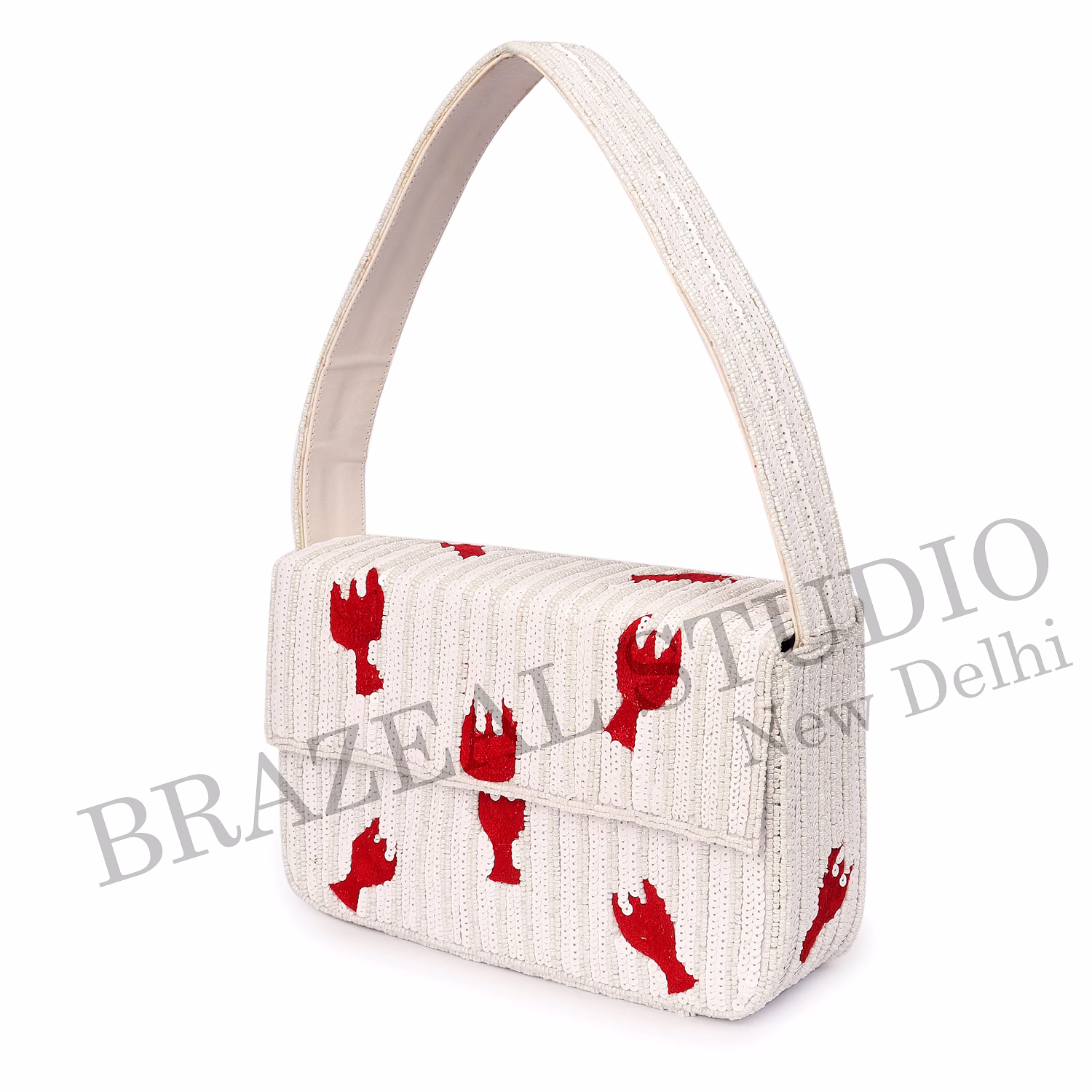 Brazeal Studio, Bag, Hand-beaded Lobster Motif, White Base With Red Lobster Embroidery, Shoulder Bag With Flap Closure, Fabric Base With Sequin And Bead Embellishment, Front Flap image 11