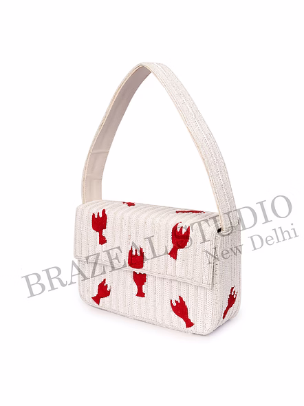 Brazeal Studio, Bag, Hand-beaded Lobster Motif, White Base With Red Lobster Embroidery, Shoulder Bag With Flap Closure, Fabric Base With Sequin And Bead Embellishment, Front Flap-10